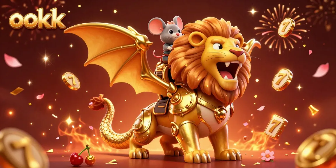 ookk unleashes exciting gameplay with a golden chimera and vibrant slot reels in a festive casino atmosphere.