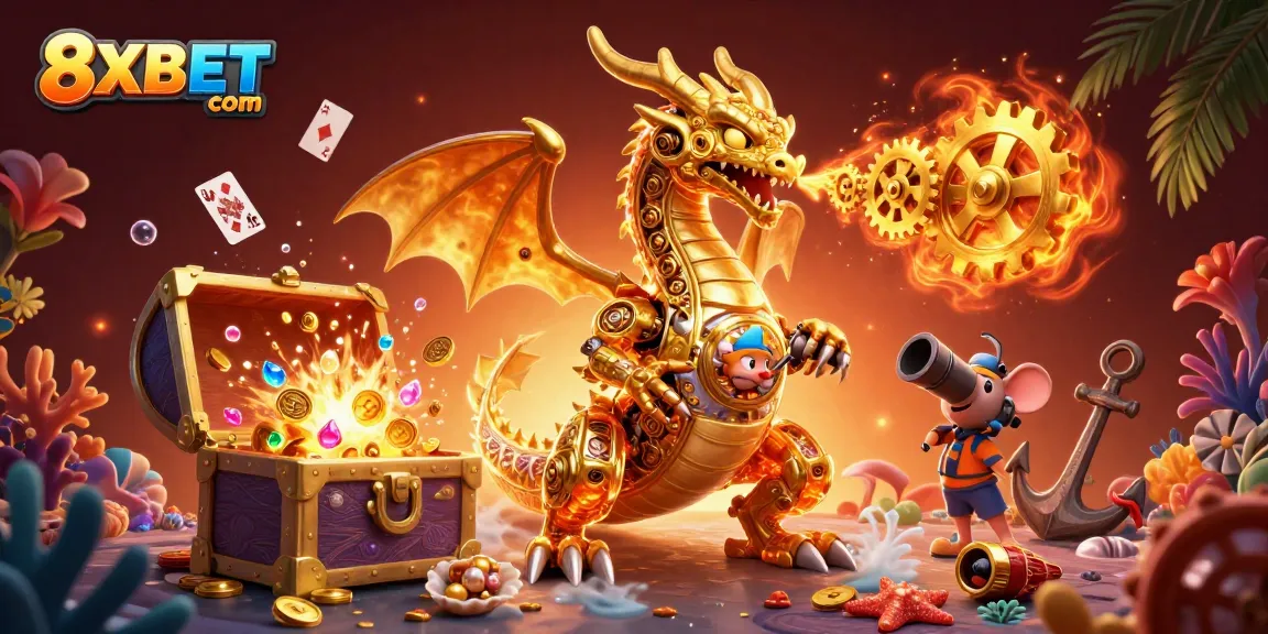 Experience the thrill of gaming with 8XBET com's dynamic illustration featuring golden dragon and treasures.