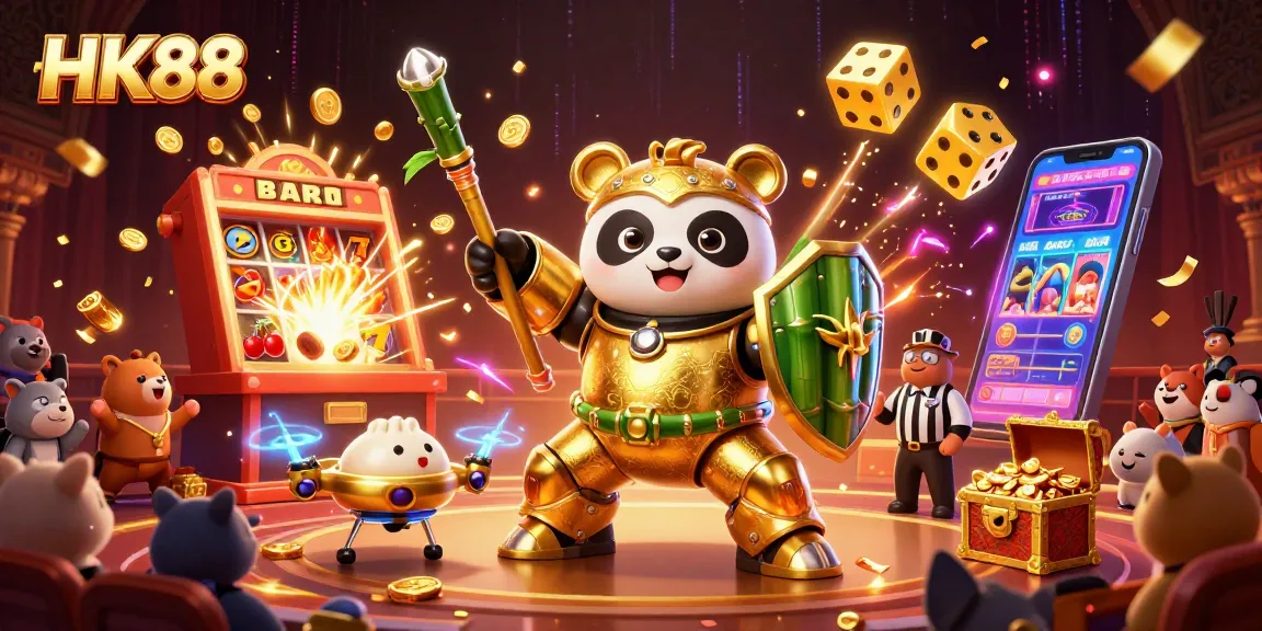 Spin the slots at HK88 with golden panda mech and vibrant casino elements