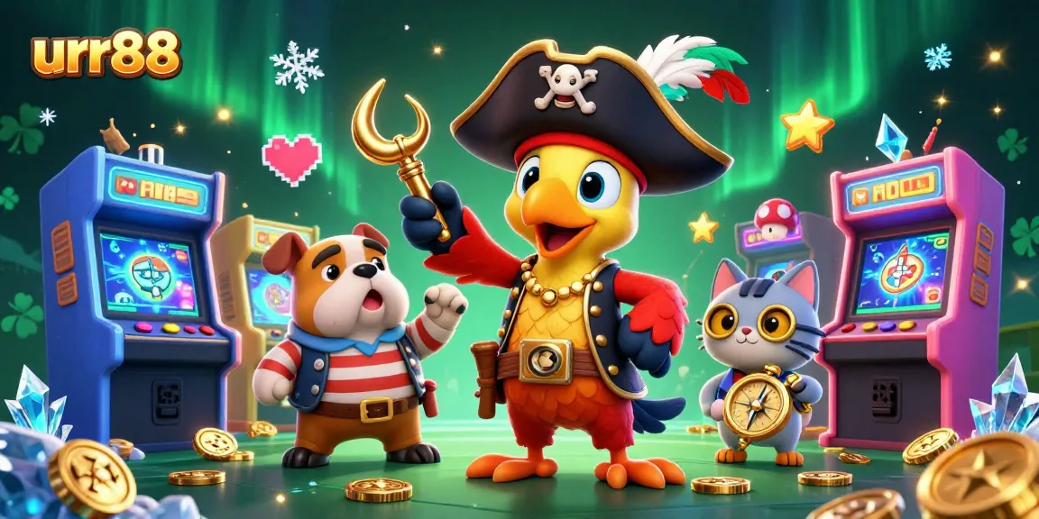 Experience the thrilling world of urr88 with a pirate captain and friends in a vibrant casino setting.