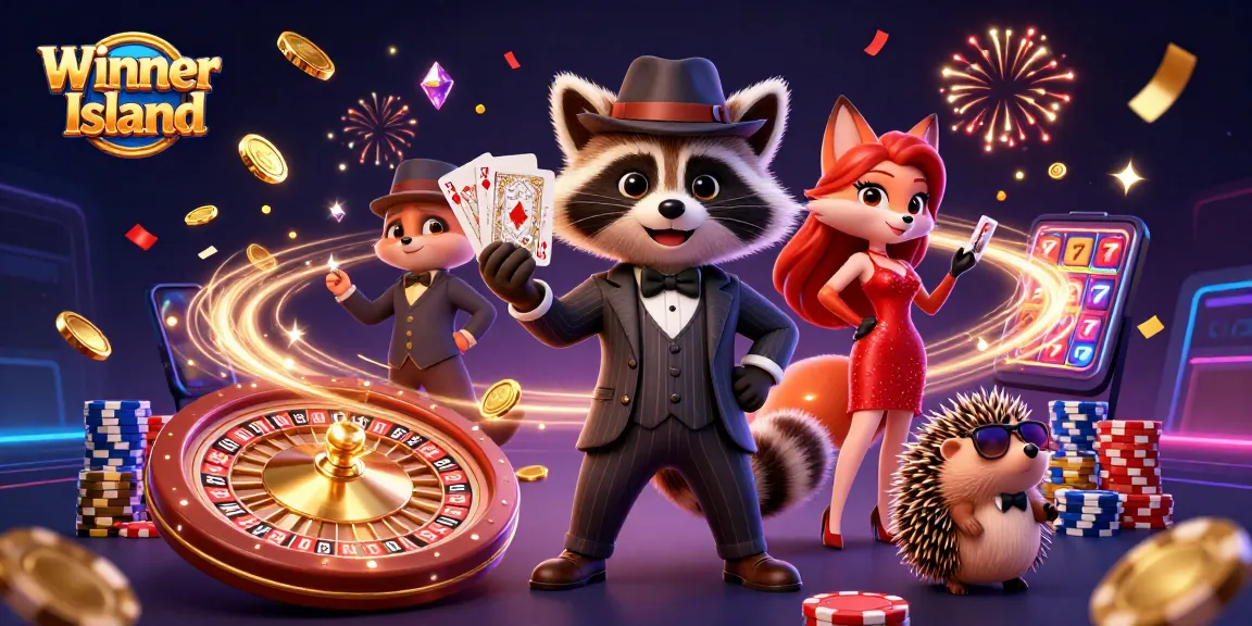 Experience the exciting gaming atmosphere at Winner Island casino with vibrant characters and dynamic gambling elements.