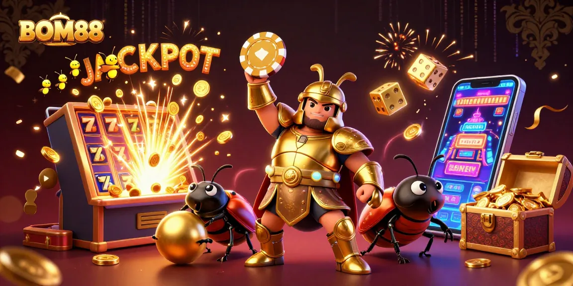 BOM88 celebrates wins with 3D beetle characters in a dynamic casino scene featuring slot machines and jackpots.