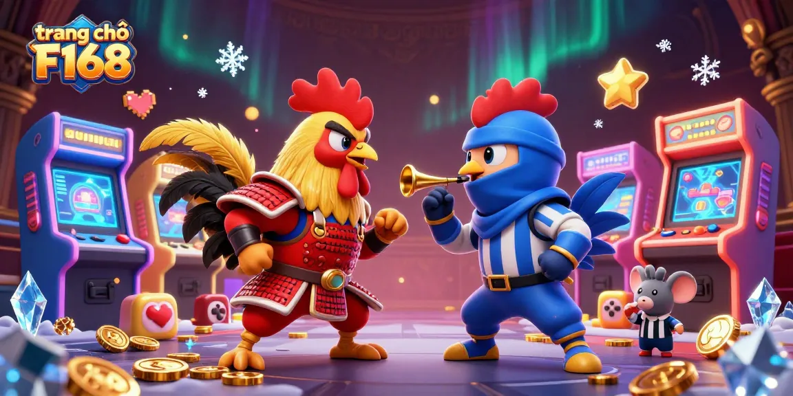Experience thrilling action on trang chủ F168 with dynamic fighting roosters and vibrant arcade elements.