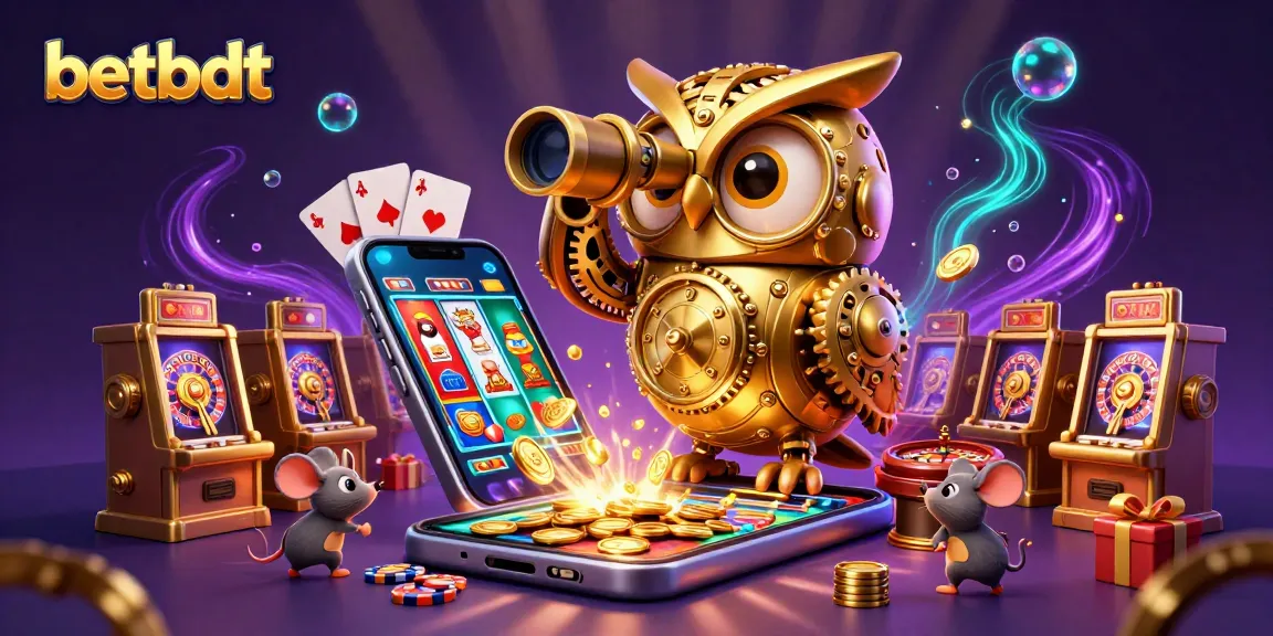 Experience the thrill of betbdt gaming with luminous owl, vibrant slot machines, and charming mouse patrons.