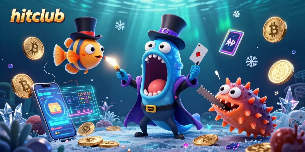 Hitclub's vibrant deep-sea gambling scene features a magical eel performing card tricks, captivating crypto elements.