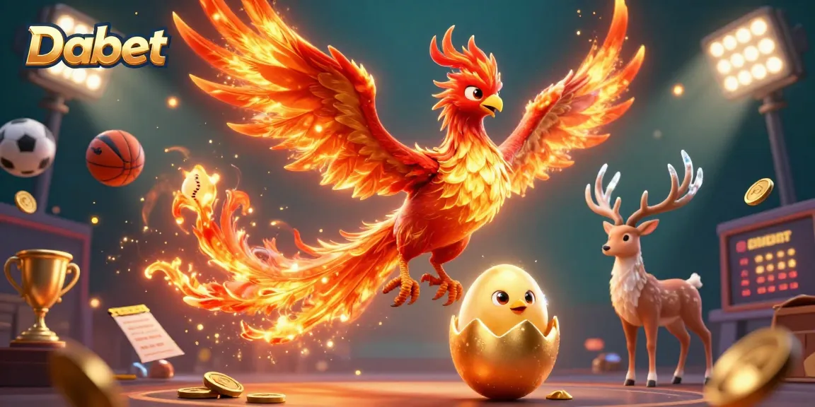 Dabet engages with a vibrant illustration of a fire phoenix and baby phoenix amidst dynamic gambling elements.