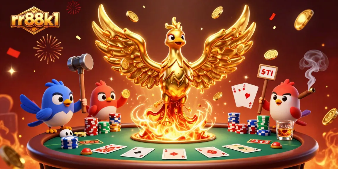 Engage with rr88k1's thrilling casino experience featuring a molten golden phoenix and vibrant poker scene.
