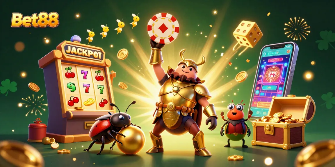 Bet88's dynamic jackpot scene features courageous beetles celebrating wins with casino elements.