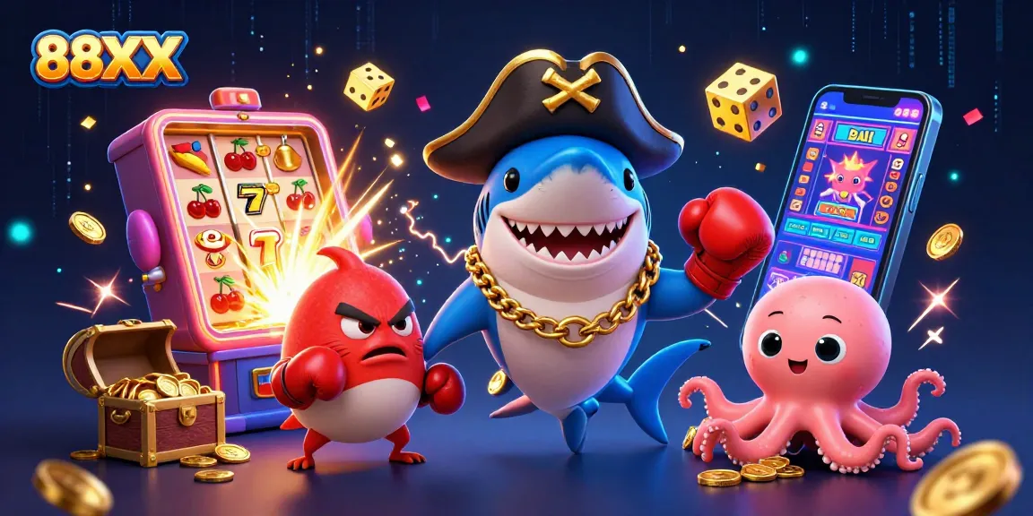 Experience excitement with 88XX as cartoon characters celebrate jackpot wins amidst vibrant casino elements.