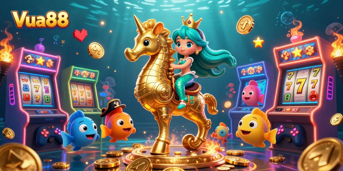 Experience thrilling adventures at Vua88 with colorful casino-themed animation featuring a mermaid on a seahorse.