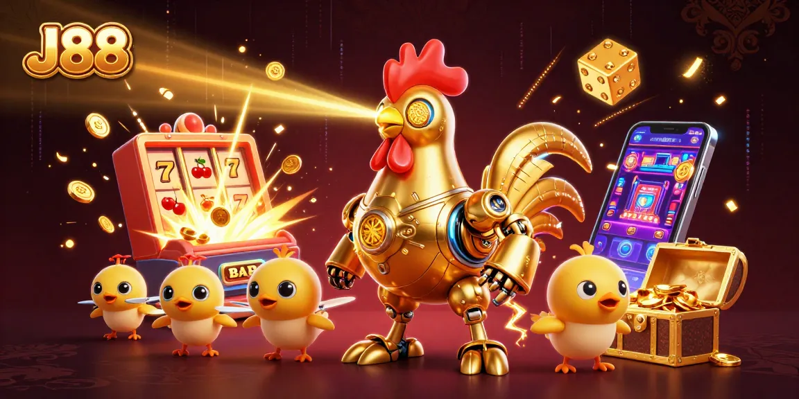 Engage with J88's vibrant casino experiences featuring a golden rooster robot and thrilling jackpots.