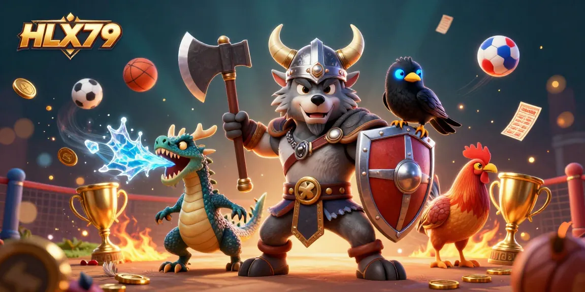 Experience the thrill of HLX79 cockfighting with vibrant characters and dynamic sports elements in a creative illustration.