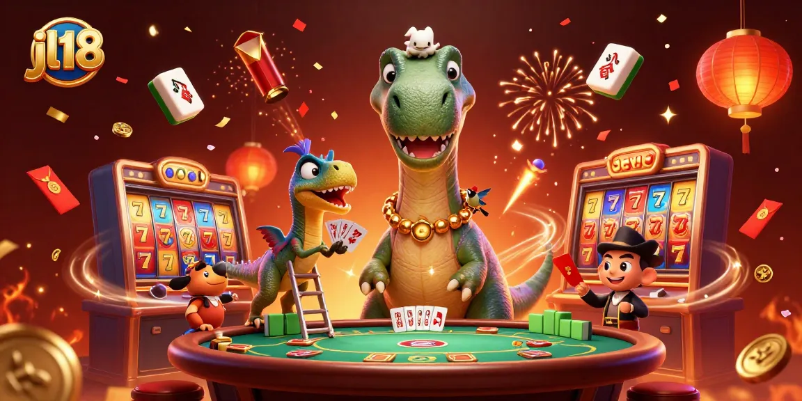 jl18 presents a thrilling casino scene with a giant brontosaurus, raptor dealer, and slot game elements.