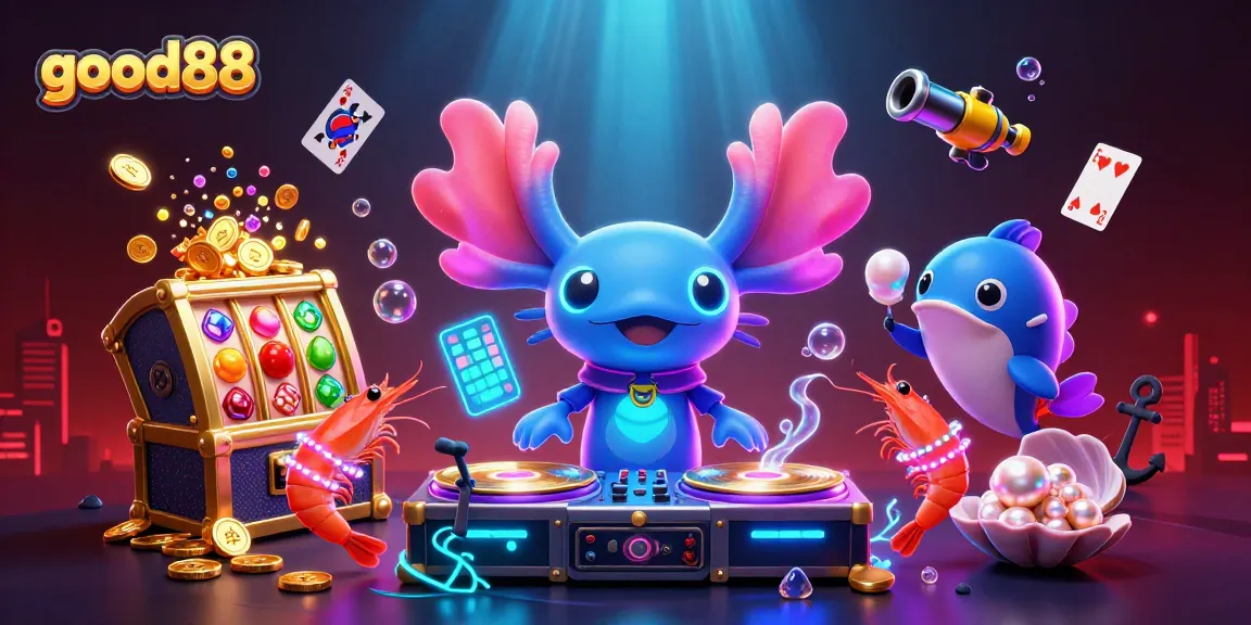 Experience the vibrant energy of good88 as the neon axolotl DJ spins winning slots in a lively underwater casino scene.