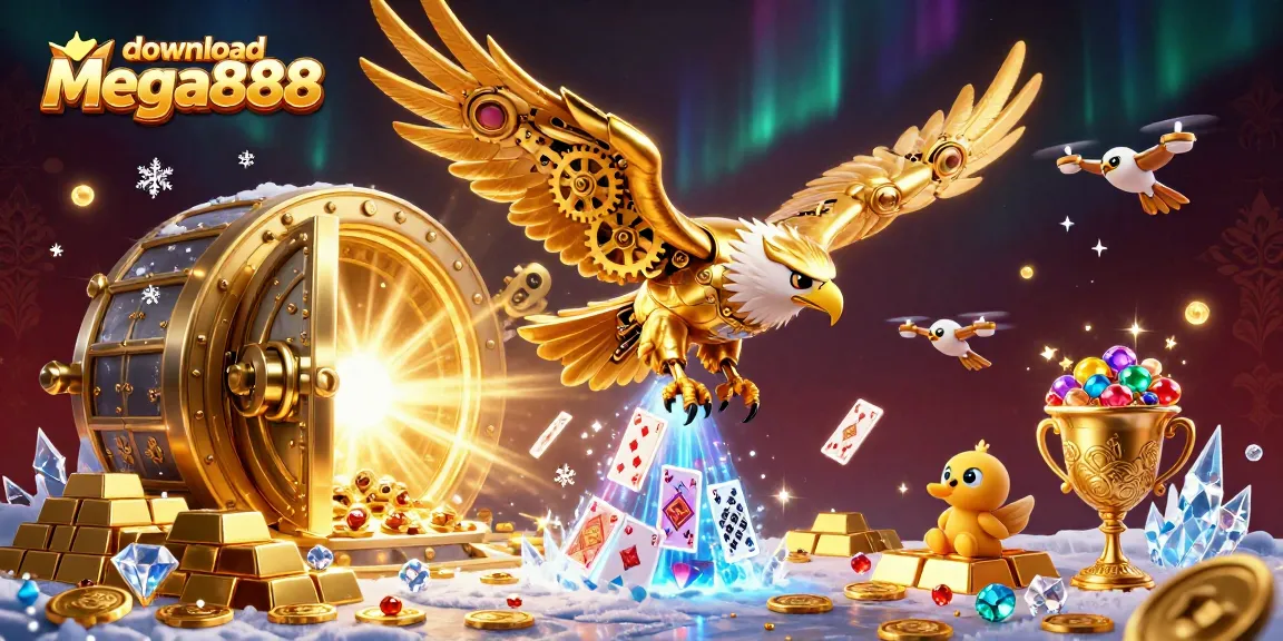 Download mega888 with an exciting 3D illustration of a golden eagle and holographic playing cards.