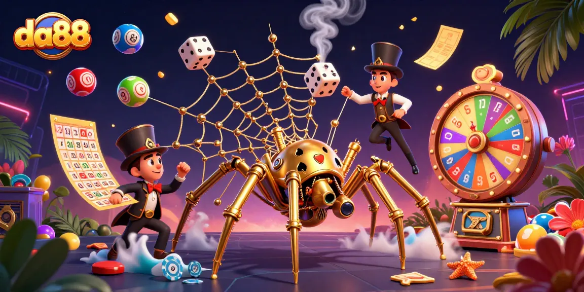 Experience da88 action with a steampunk spider and a playful fly in this vibrant casino scene.