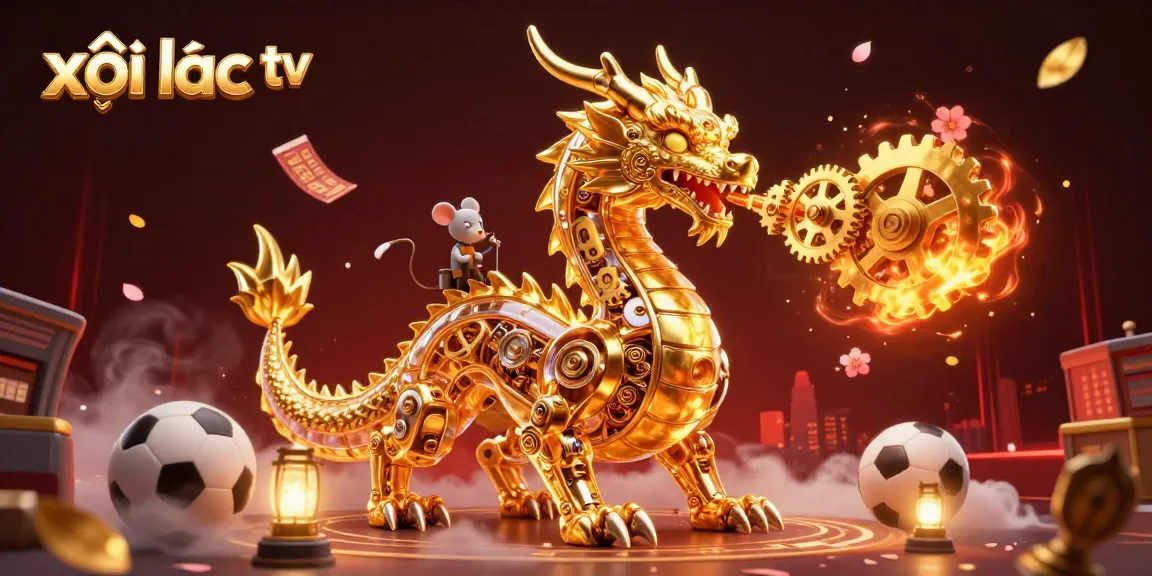 Xôi lạc tv ignites excitement with a golden dragon and sports-themed elements in this vibrant illustration.