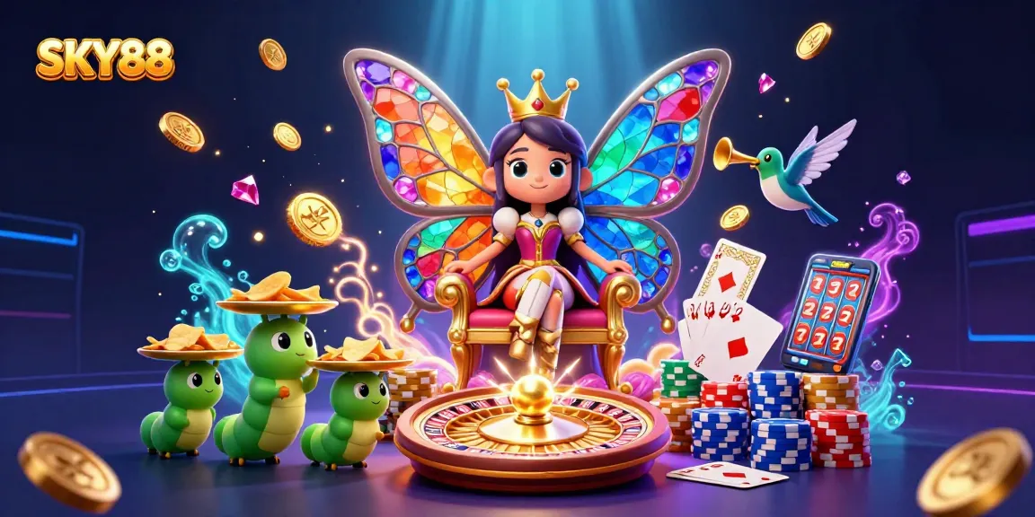 Experience the thrill of SKY88 with enchanting visuals of casino excitement, featuring butterfly queen and poker elements.