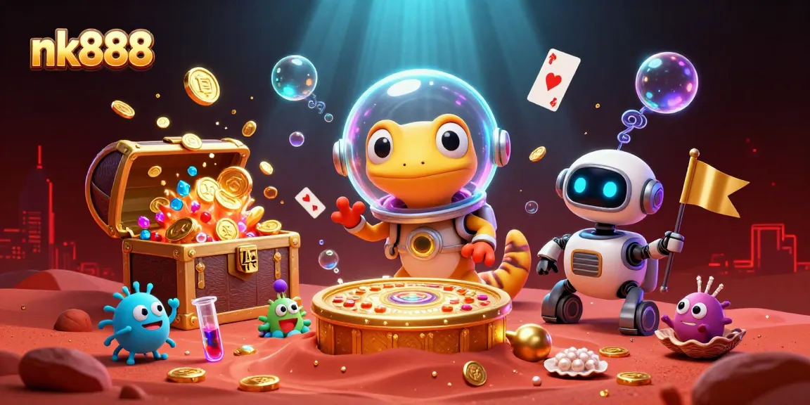 Experience thrilling gaming with nk888 as a Martian gecko discovers a vibrant casino in a cosmic scene.