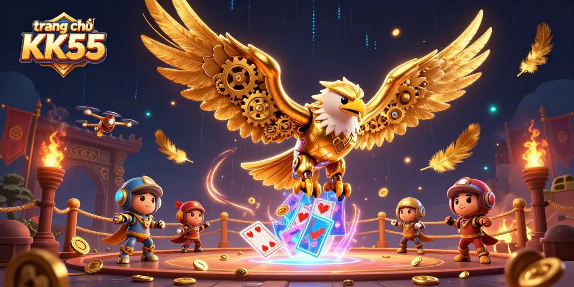 Experience thrill at trang chủ KK55 with a dynamic scene featuring a cybernetic eagle soaring through holographic cards.