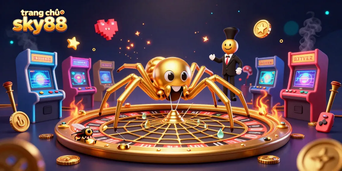 Engage with the vibrant atmosphere of trang chủ sky88, featuring a golden spider and colorful casino elements.
