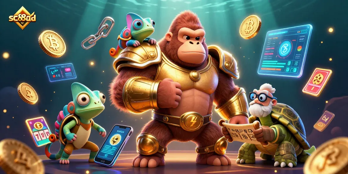 Engage in gaming thrills with sc88ad featuring colorful characters and casino elements amidst a vibrant crypto backdrop.