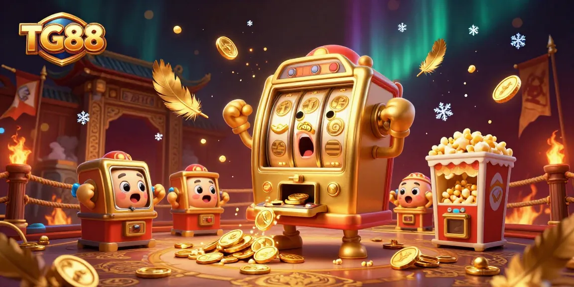 Experience the excitement of TG88 with a golden slot machine hitting its jackpot, coins cascading as cheering baby slots add to the thrill.