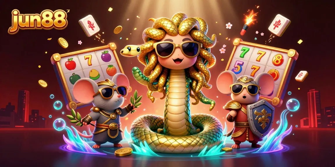 Engage with jun88's exhilarating casino atmosphere featuring slot reels and vibrant characters.
