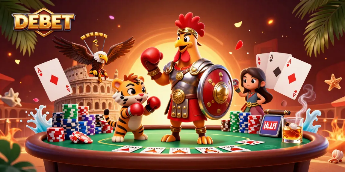 Engage with the thrilling DEBET gaming experience in an exciting 3D cartoon scene featuring iconic characters and poker action.